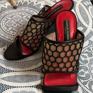 Charles Jourdan Black and Red Mesh Heels